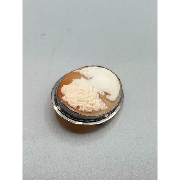 Vintage Sterling Silver Genuine Carved Cameo Shell Pendant Oval Pin Brooch - Picture 3 of 10